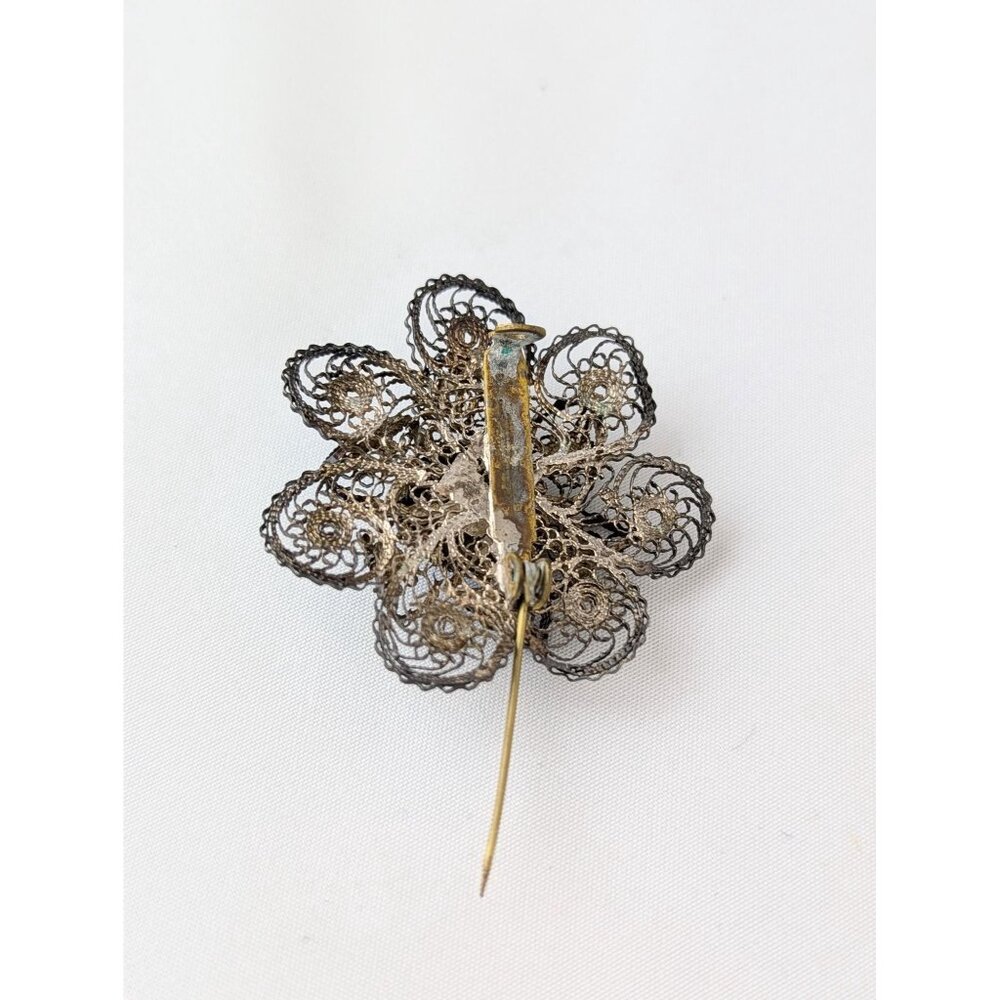 Antique 1900s Sterling Silver Filigree Brooch Hand-painted Enamel Edwardian Era - Picture 6 of 7